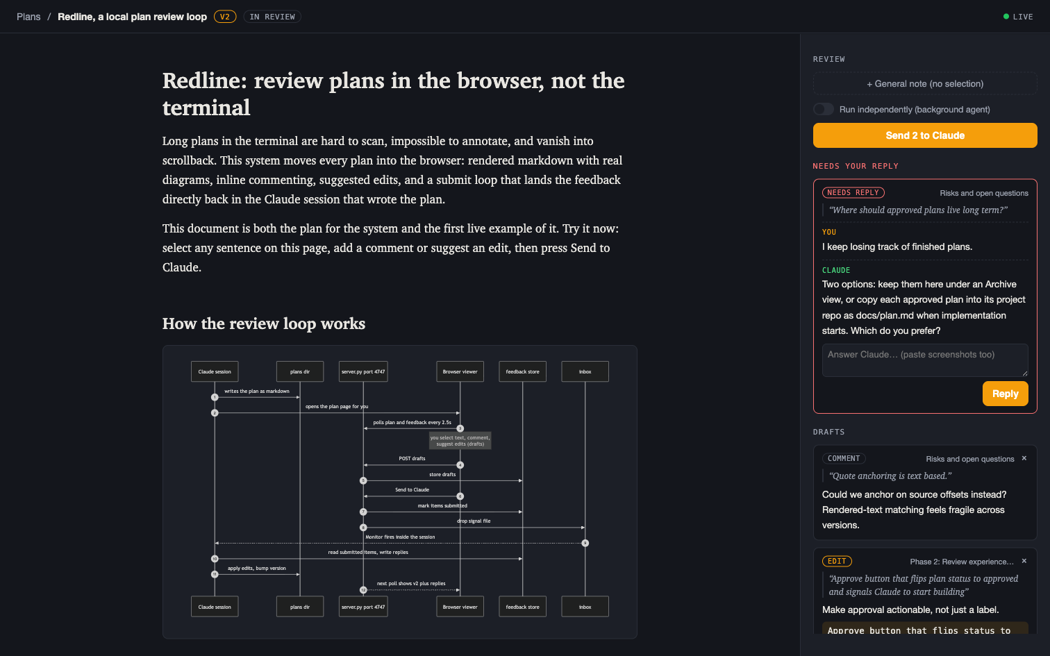 Redline viewer: a rendered plan with a mermaid sequence diagram on the left and a review rail on the right showing a thread that needs a reply, a draft comment, and a suggested edit